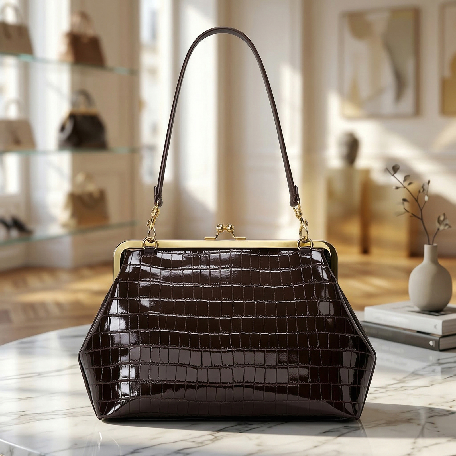 PU Leather Kiss Lock Bag with  - Leather Work Handbags For Women 评论和价格